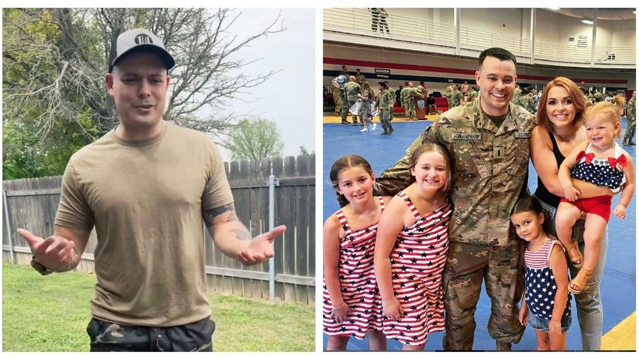 Left Image : Military Dad in backyard | Right Image: Military officer poses with family in gymnasium. 