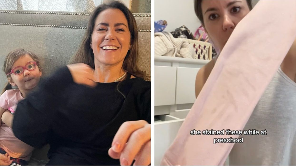 Left Image: Mom poses with daughter | Right Image: Mom holds up pink stained kids clothing
