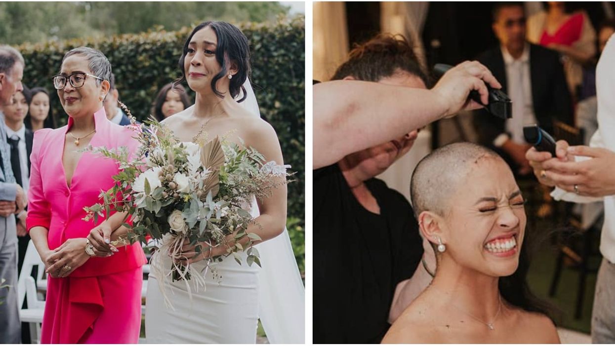 Left Image: Mother and daughter walk down the aisle | Right Image: Bride shaves head completely bald