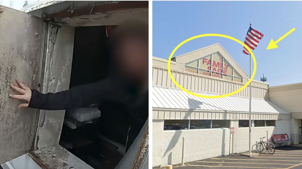 Left: Masked woman opens shed door | Right: "Family Fare" Grocery Store Parking Lot
