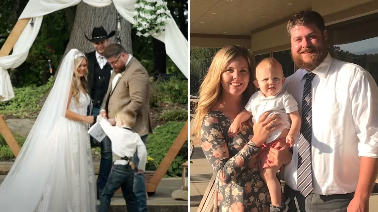 Little boy at the altar with bride and groom and a couple carrying a little boy.