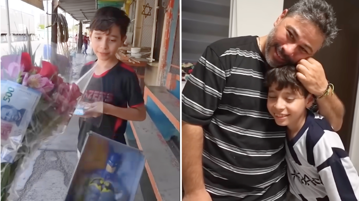 Little boy choosing between a bouquet of flowers and a Batman toy and a father hugging his son.