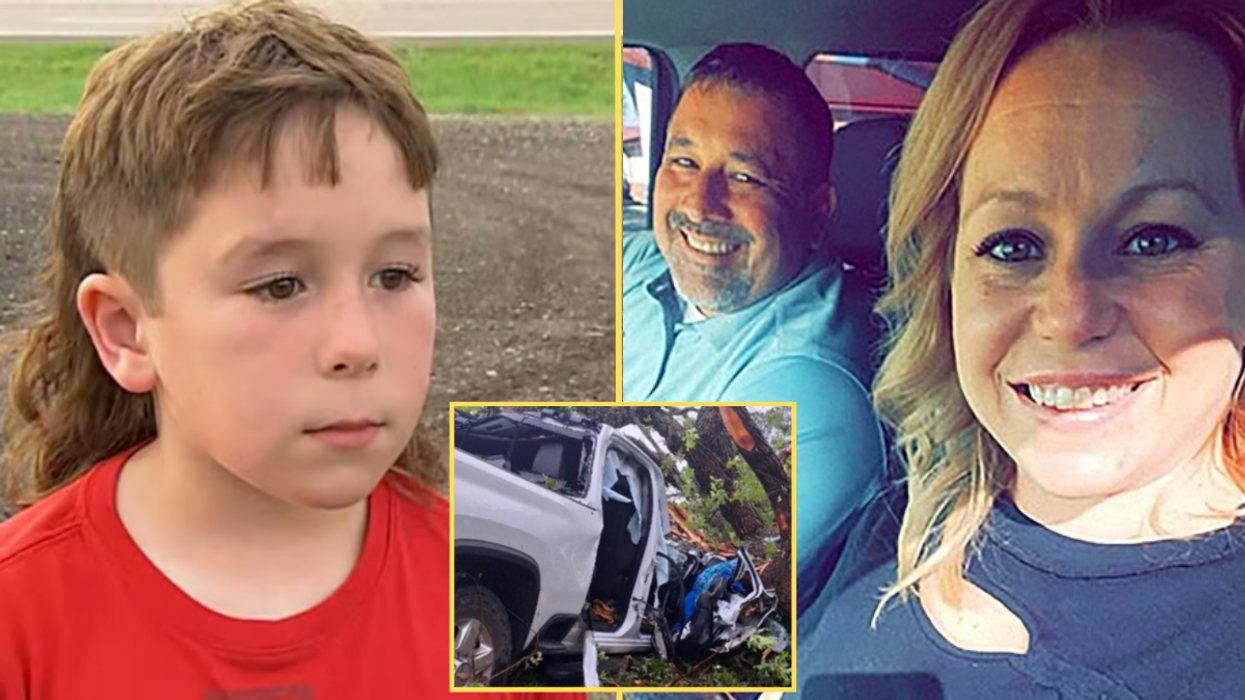 Little boy in a red shirt, a couple taking a picture in a car and a car trapped under a tree (inset)