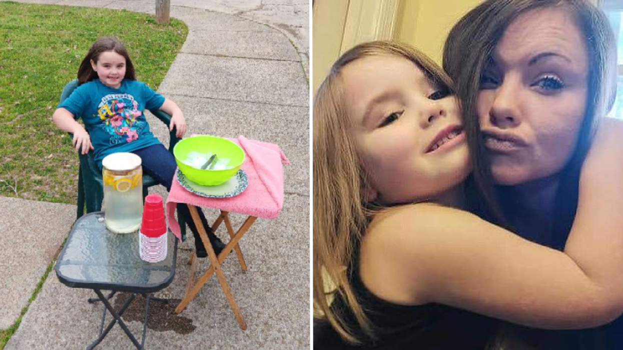 Little girl at a lemonade stand and a little girl hugging her mother.