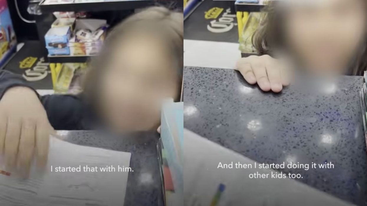 Little girl shows her report card to deli owner.