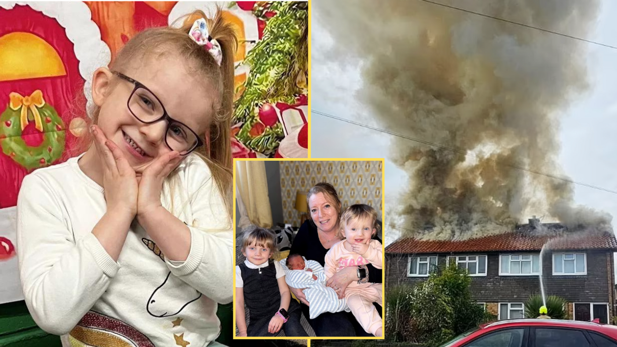 LIttle girl wearing glasses, a house on fire and a mom with three kids (inset)