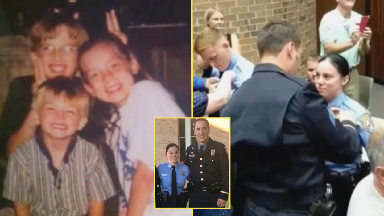 little girl with two young boys, police officer pins a badge on a young cop and a young woman with a police officer (inset)