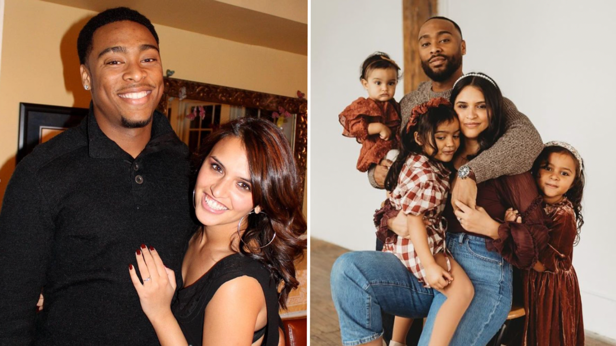 Man and woman hugging and a man and woman with three kids