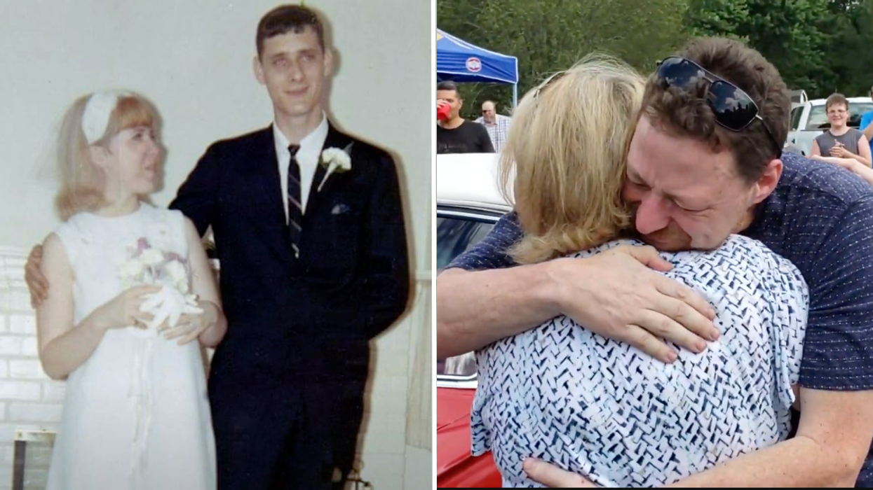 Man and woman in formal clothes and a man hugging his mother.