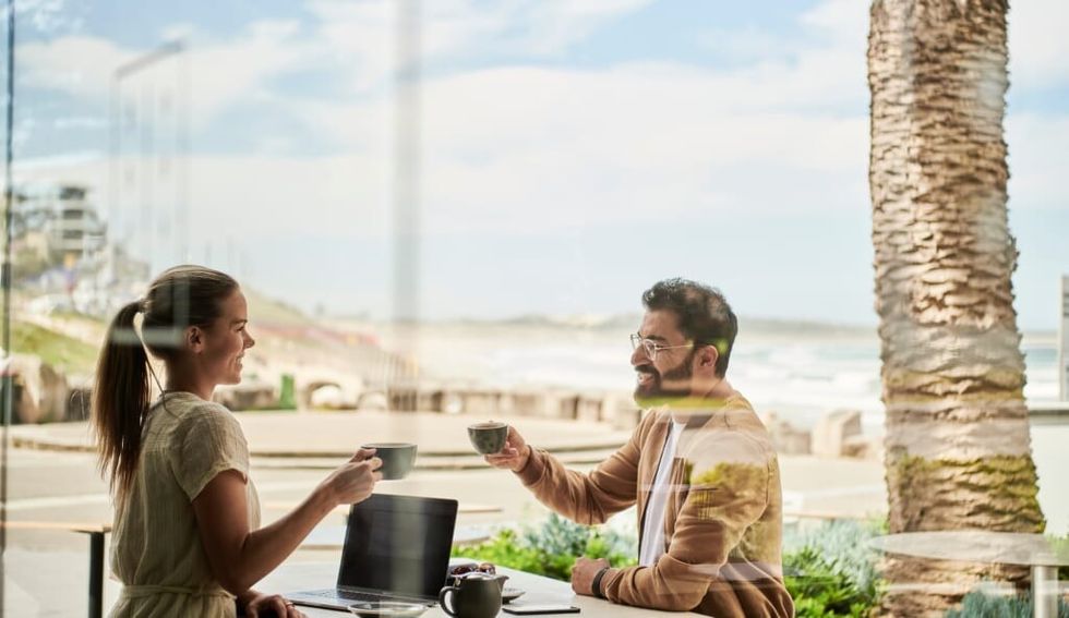 man and woman on date outside