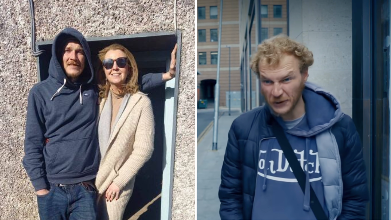 Man in a hoodie standing next to a woman in a doorway and a frustrated man