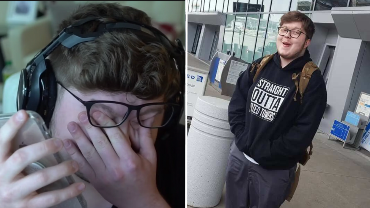 Man speaking on the phone and crying a young man wearing a hoodie and wearing a backpack