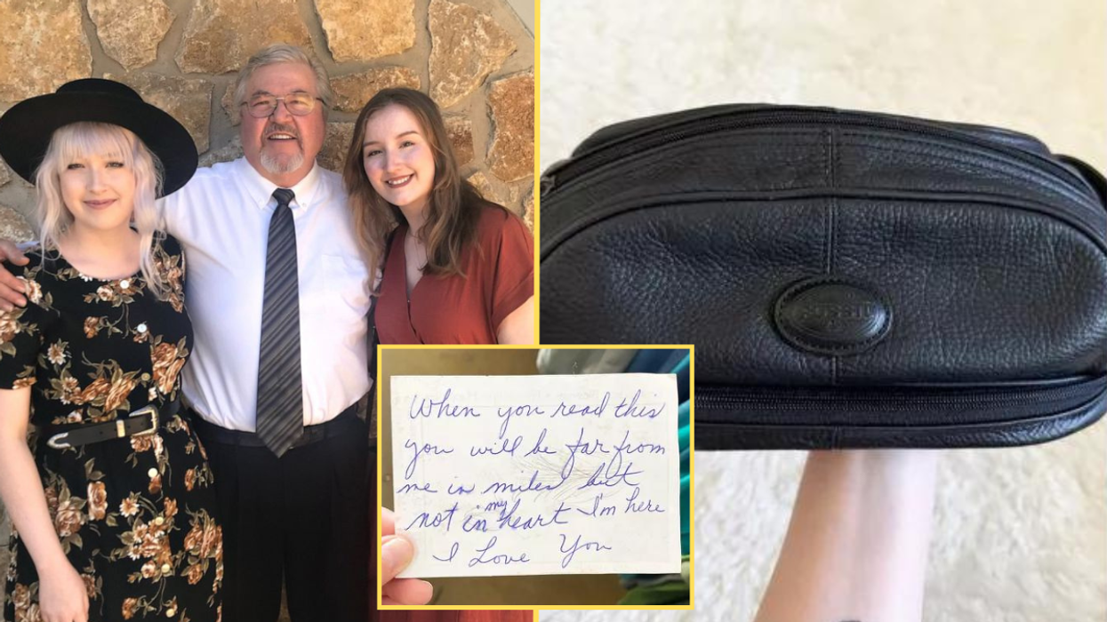 Man standing with two daughters, a black purse and a handwritten note (inset)
