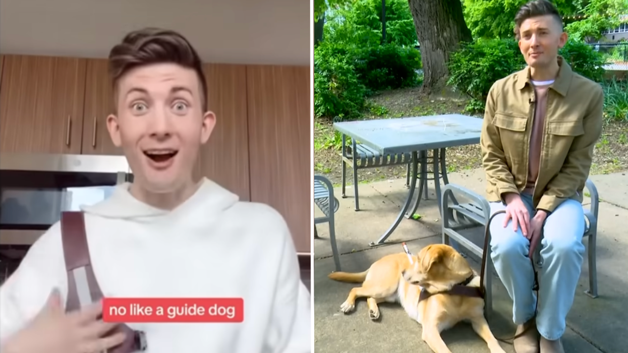 Man wearing a white hoodie and a man sitting with a service dog outside.