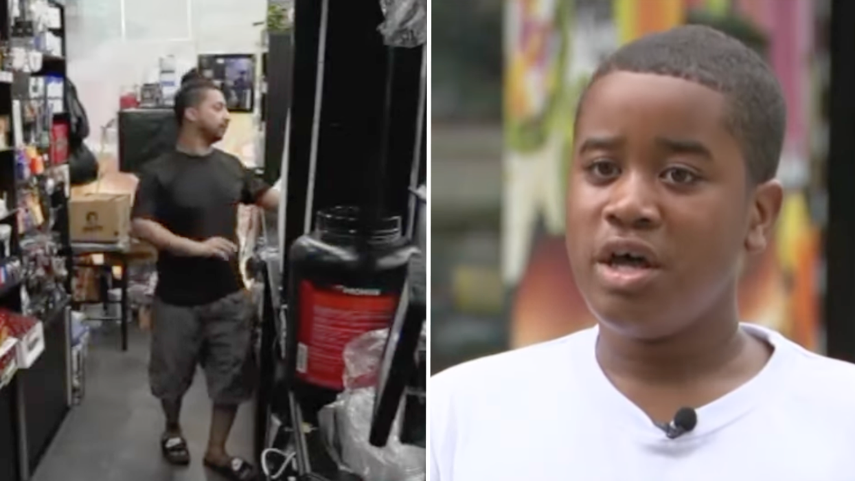 Man working in a deli and a young boy.