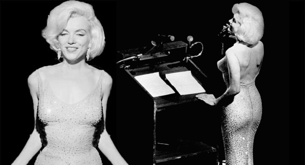 Marilyn Monroe in nude colored beaded gown singing Happy Birthday to the president.
