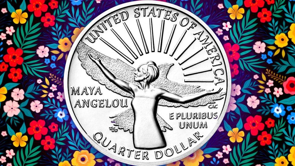 Maya Angelou Quarter in front of floral background