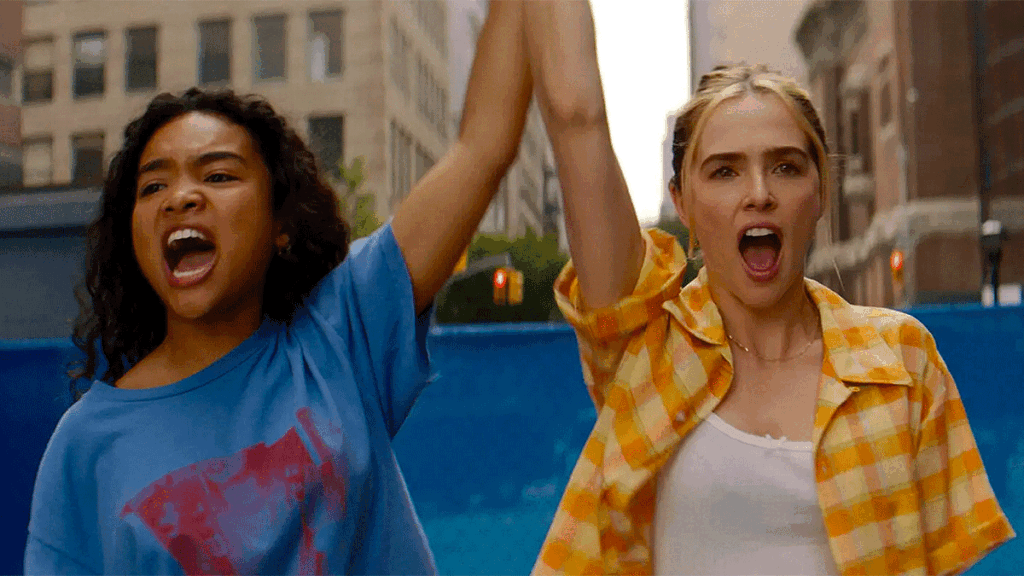 Mia Isaac as Rowan and Zoey Deutch as Danni in Not Okay (courtesy of Hulu)