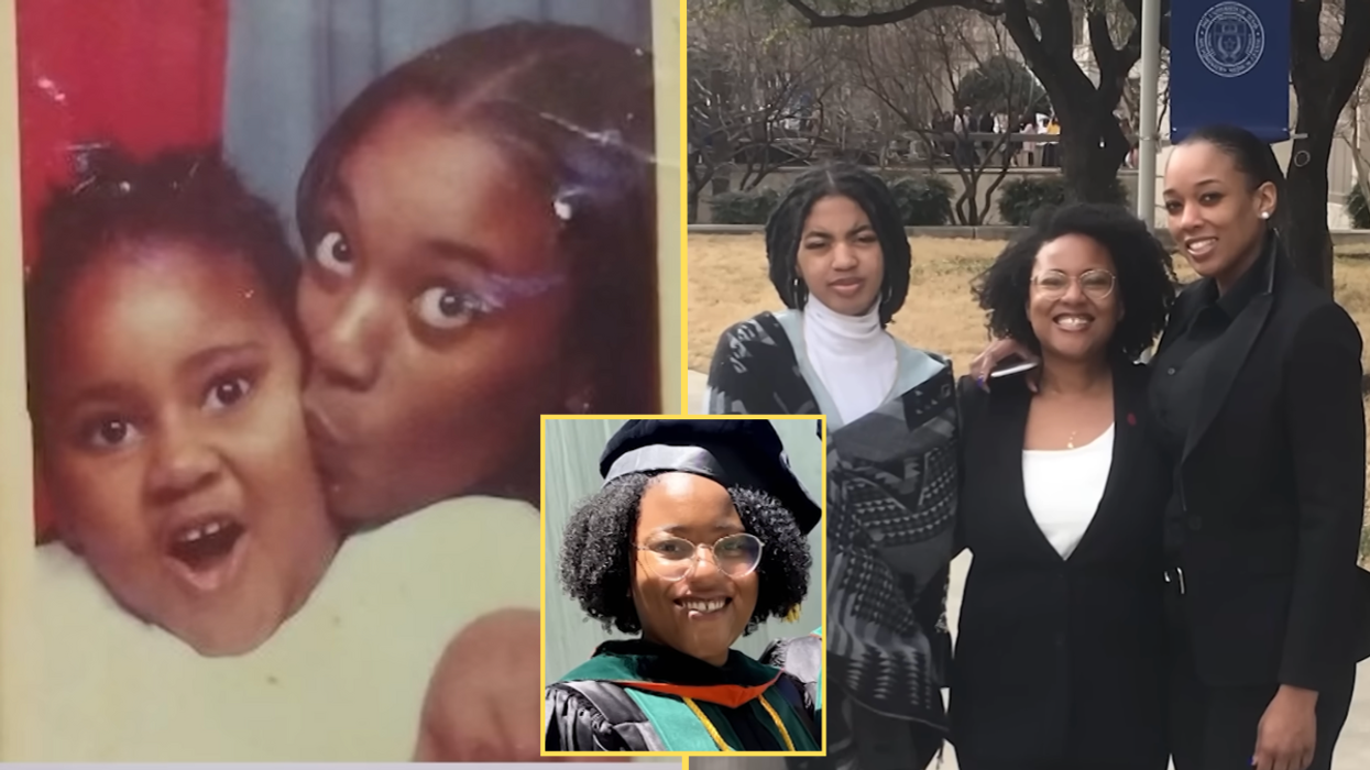 Mom and daughter in a photo booth, three women standing, and a young graduate (inset)