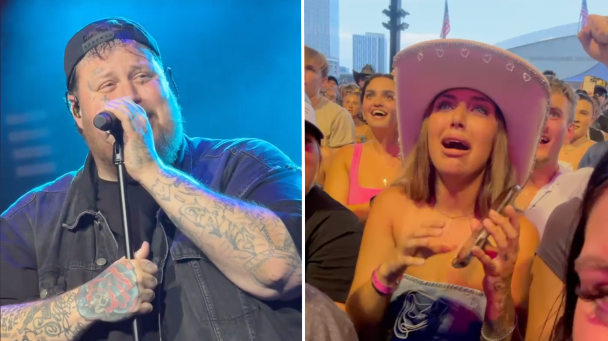 Musician Jelly Roll speaking into a mic and a teen wearing a cowboy hat looking shocked.