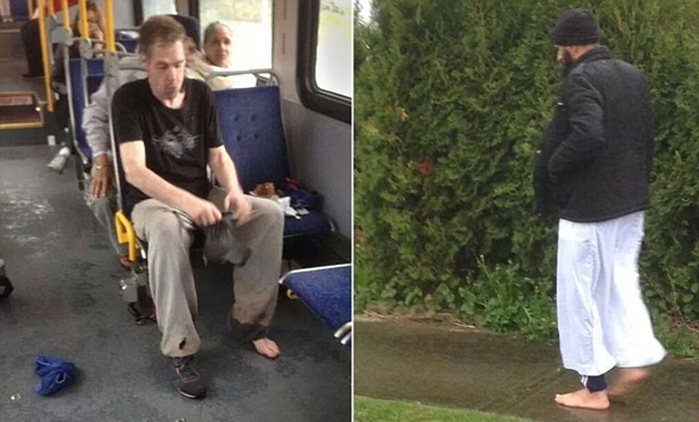 Bus Passenger Notices Man Wearing Plastic Hairnets On Feet, Gives Him His Shoes