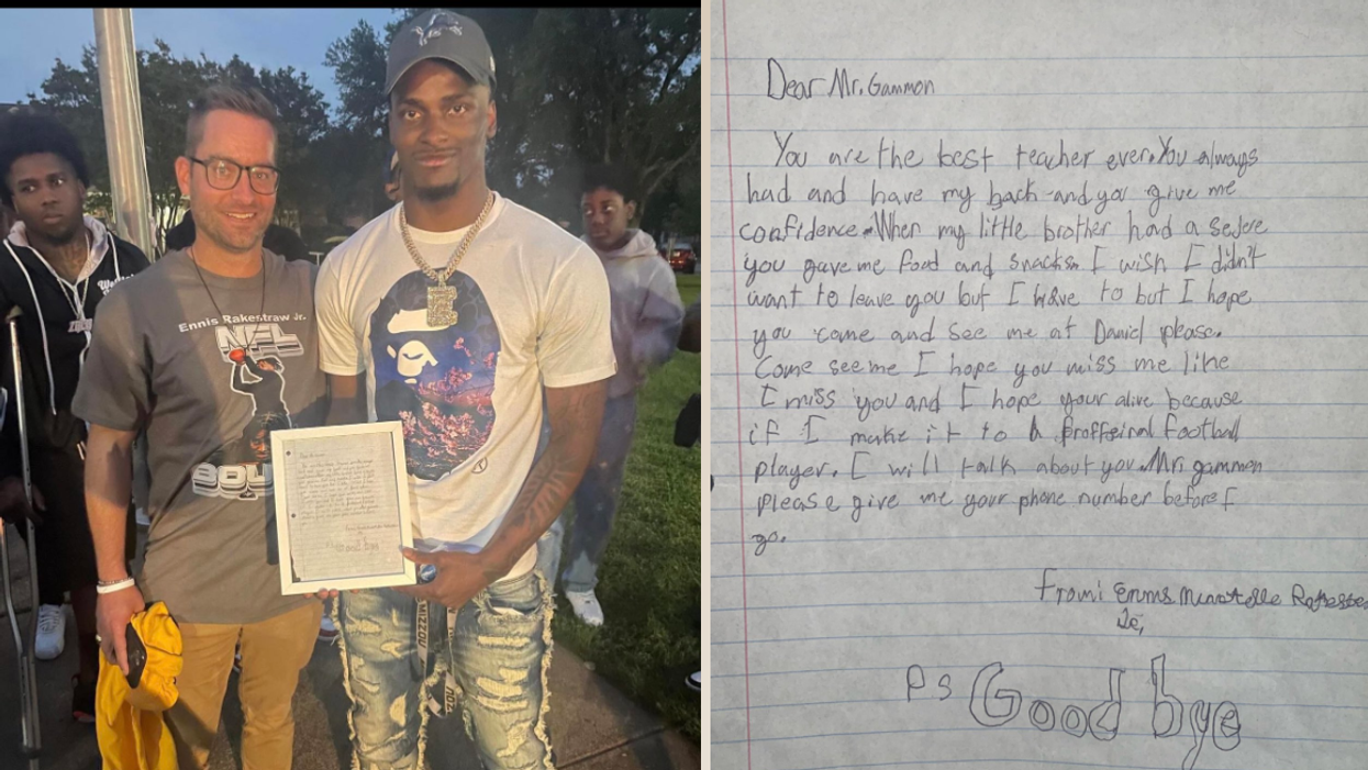 NFL Rookie Ennis Rakestraw holding letter he wrote next to his 4th grade teacher.