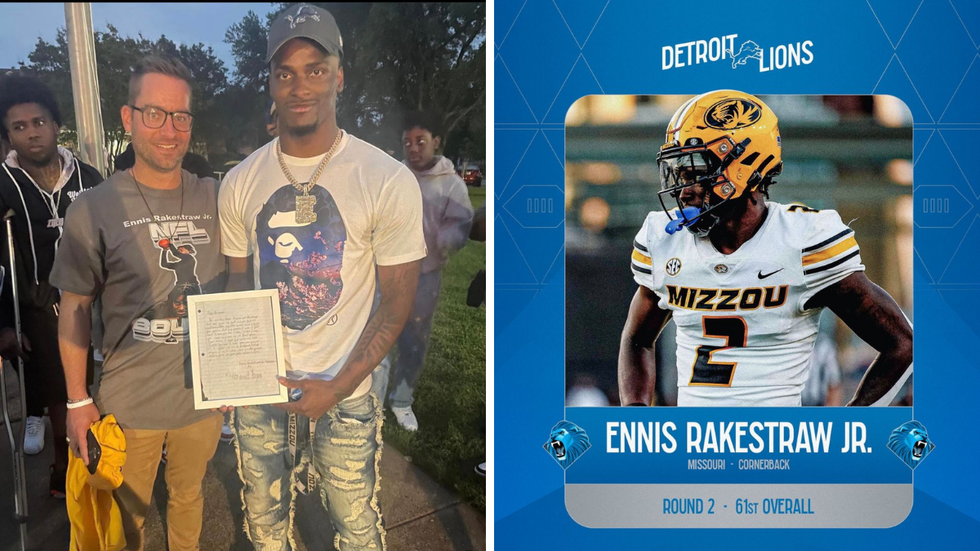 NFL rookie Ennis Rakestraw Jr. with his fourth grade teacher, Mr. Derek Gammon