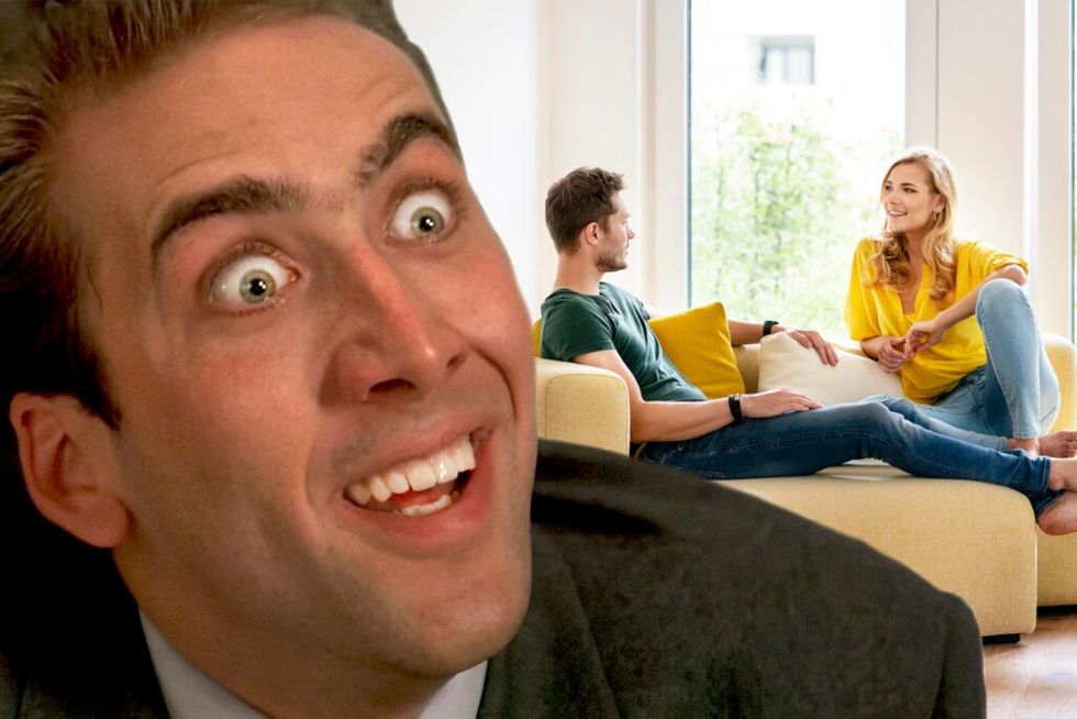Nicolas Cage meme face looking at loving couple