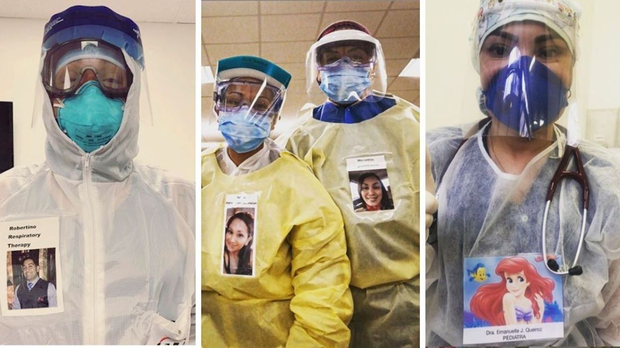 Healthcare Workers Wear Pictures of Themselves on Protective Suits To Connect With Patients