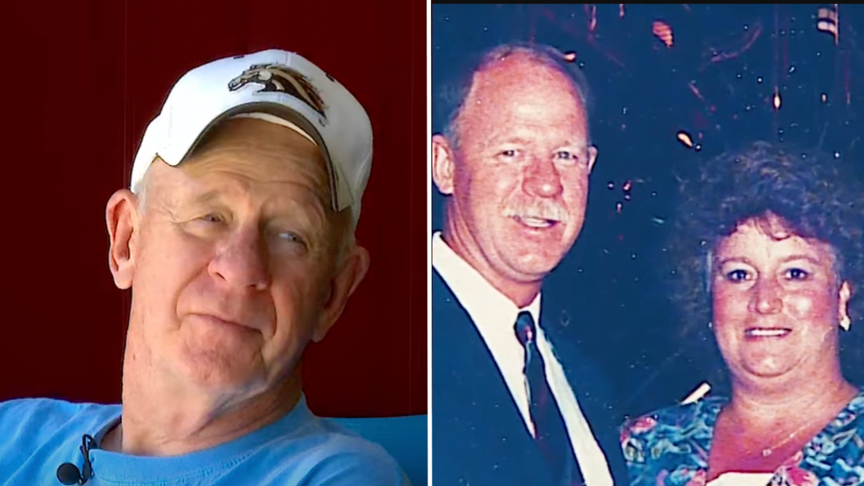 Older man wearing a white cap and a man with his wife.