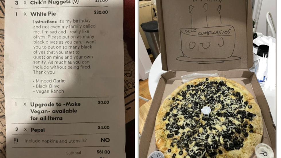 olive pizza and receipt