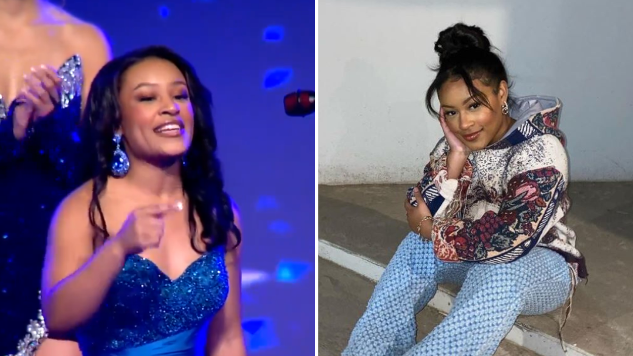 Pangeant queen wearing a blue, sparkly gown, speaking into a mic and a young woman sitting on the ground.