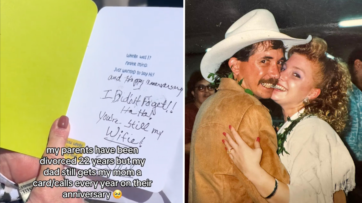 Person reading an anniversary card and a man and a woman hugging each other.