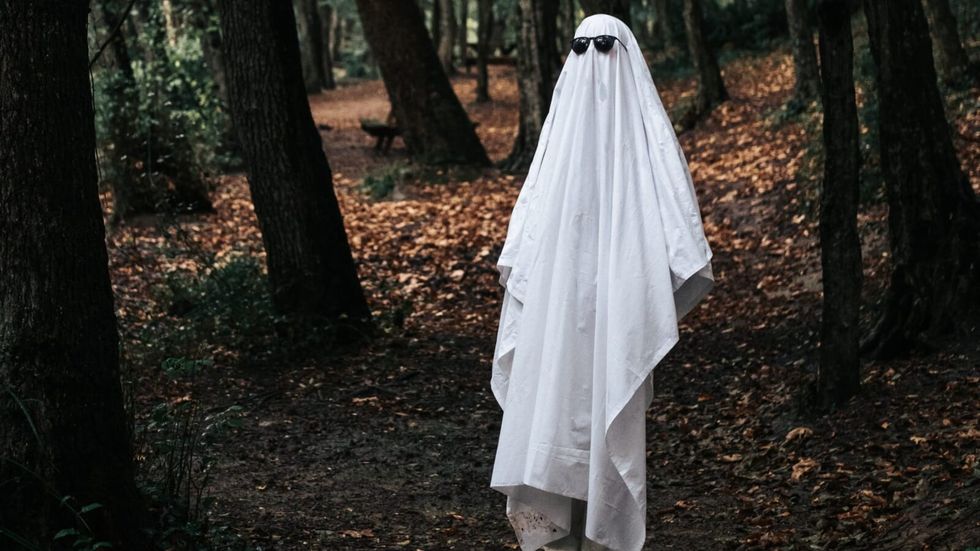 person wearing a white sheet and sunglasses dressed as a ghost in a forest