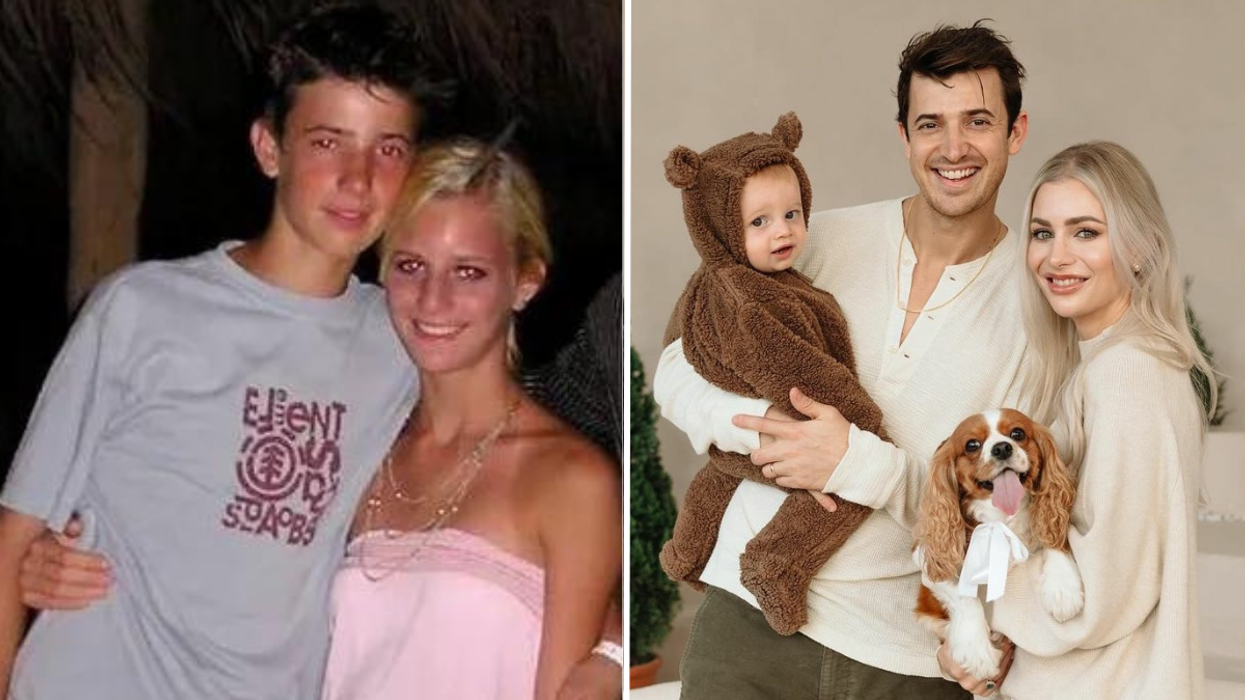 Picture of 14 year-olds hugging and a husband and wife with their son and dog