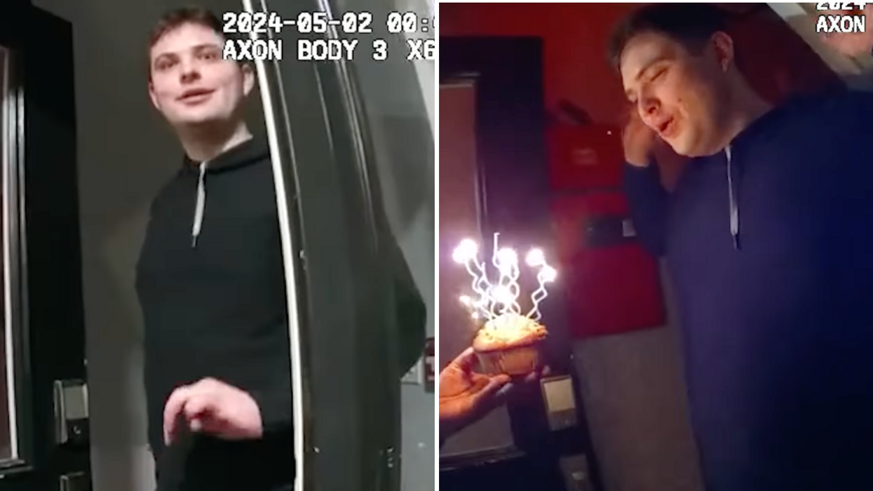 Police bodycam footage of a man opening a door and blowing out candles on a cupcake.