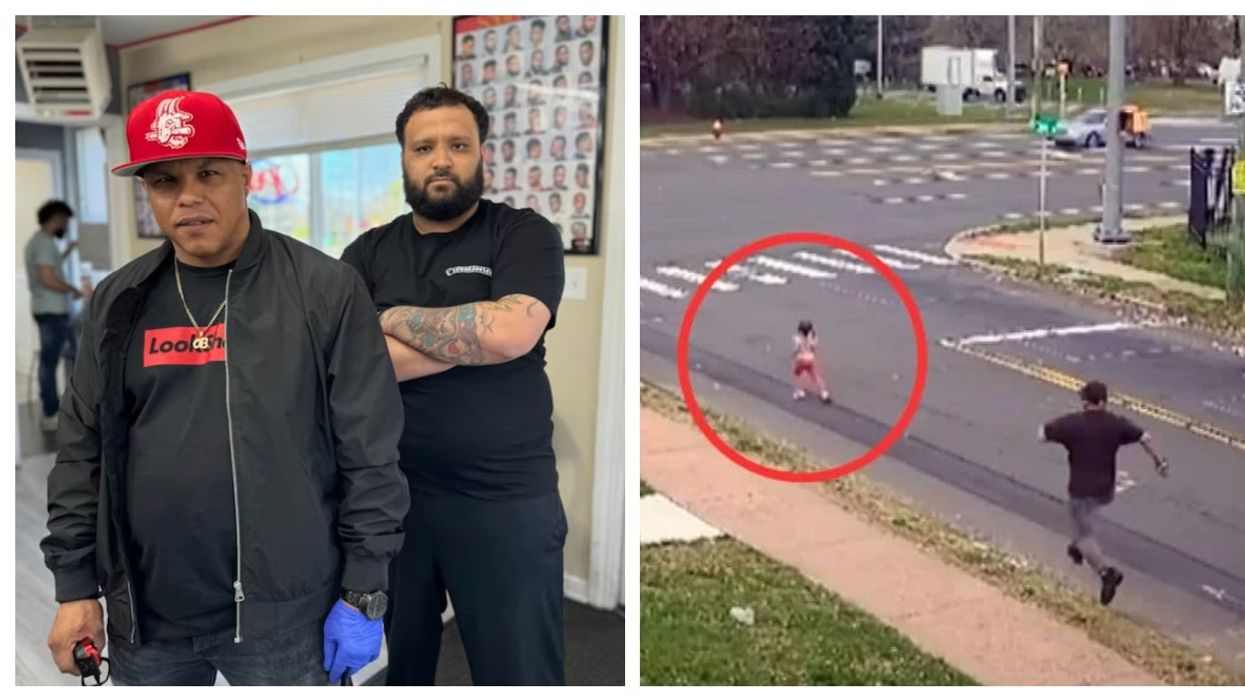 Right Image: Two barbership owners cross armed | Right Image: Man chases girl down street
