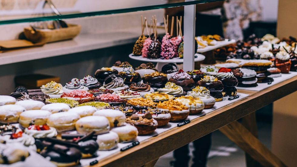 row of donuts and bagels