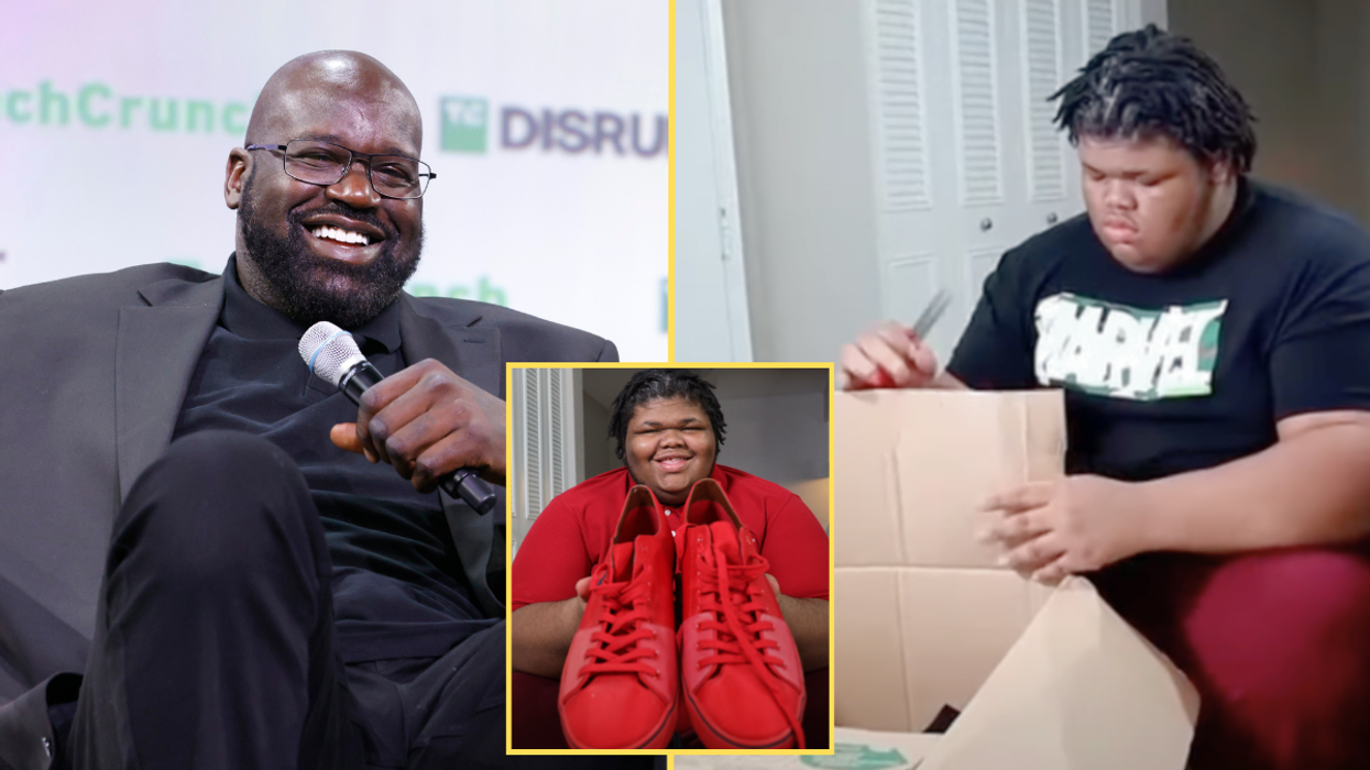 Shaquille O'Neal holding a microphone and smiling, teen opening a box, and teen holding a pair of big red shoes (inset)