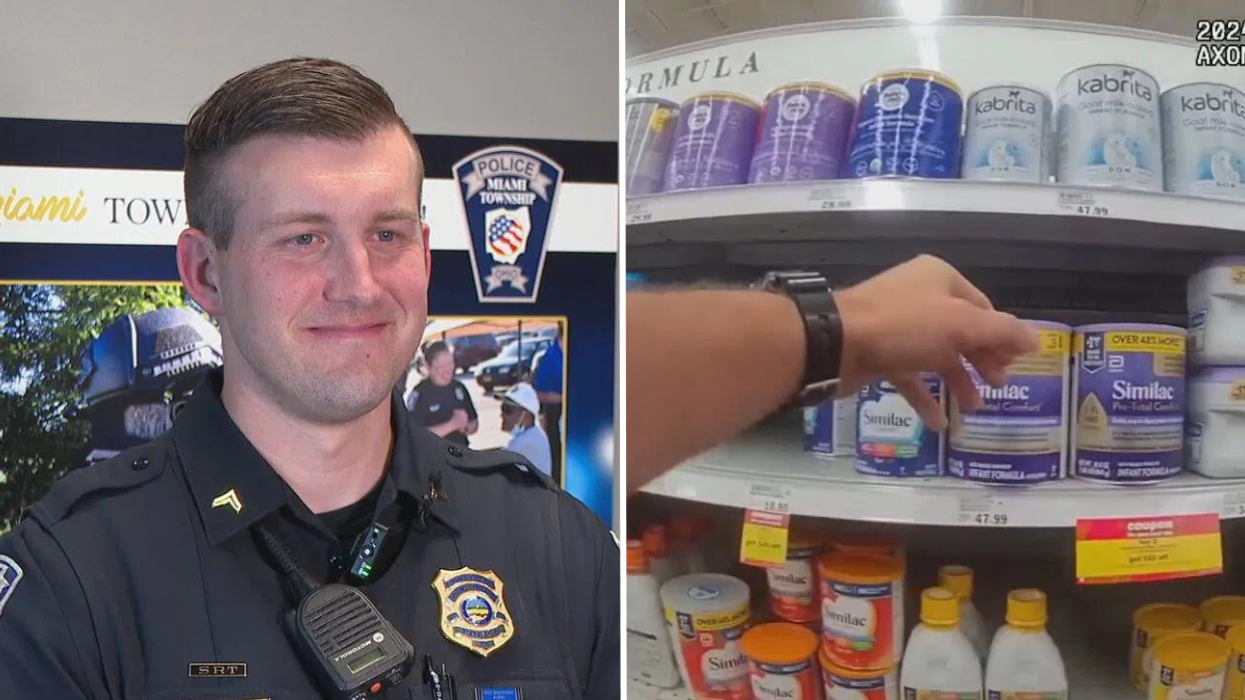 Smiling police officer and a policer officer choosing baby formula at store.