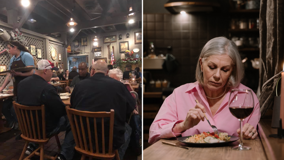 Frail Elderly Woman Dines All Alone at Cracker Barrel - Then, Strangers Witness Three Big Burly Men Walk Up to Her