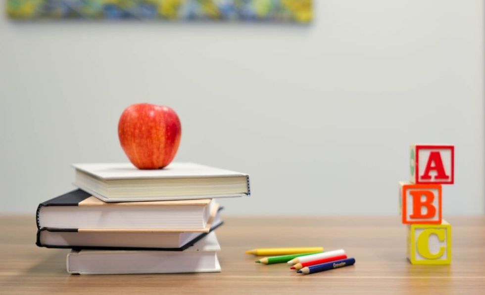 teachers desk in classroom apple
