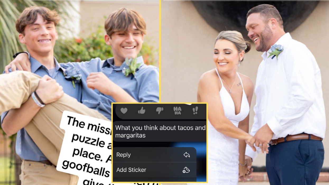 Teen carrying his best friend, a couple getting married and a screenshot of a text (inset)