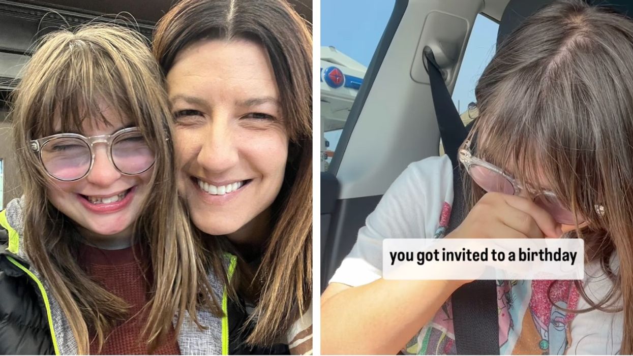 Teen girl wearing glasses taking a picture with her mother and an excited teen sitting in a car.