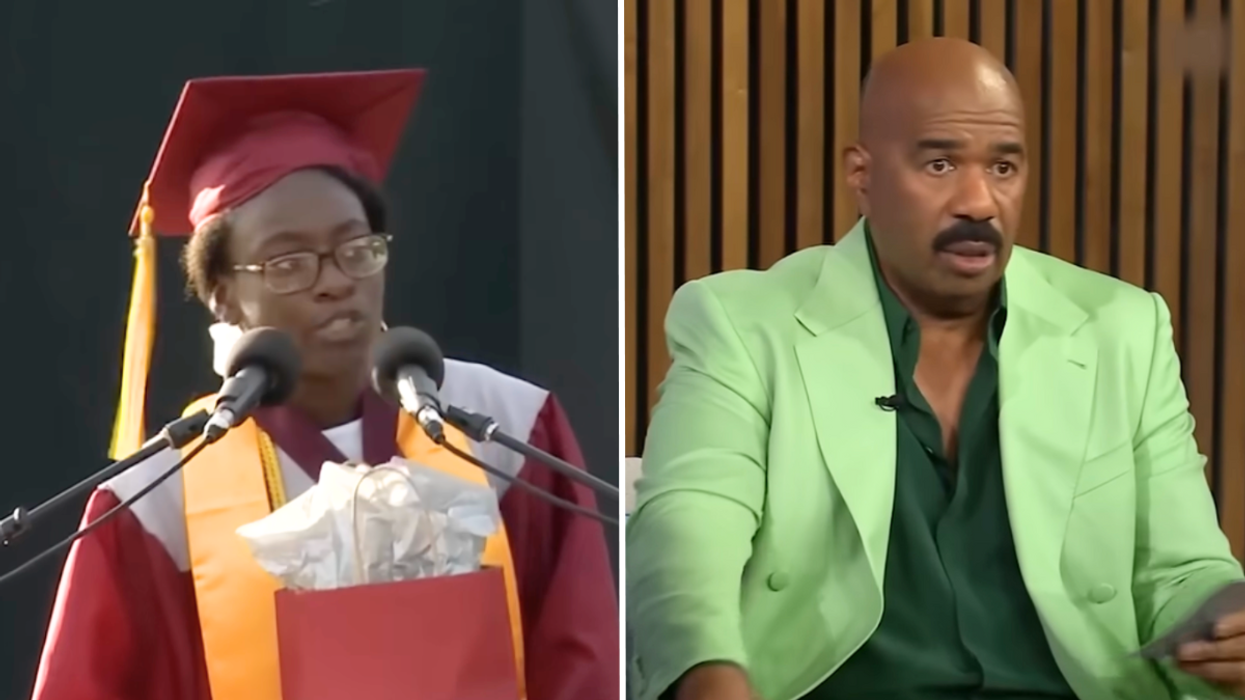 Teen speaking at her graduation ceremony and a man wearing a lime green jacket