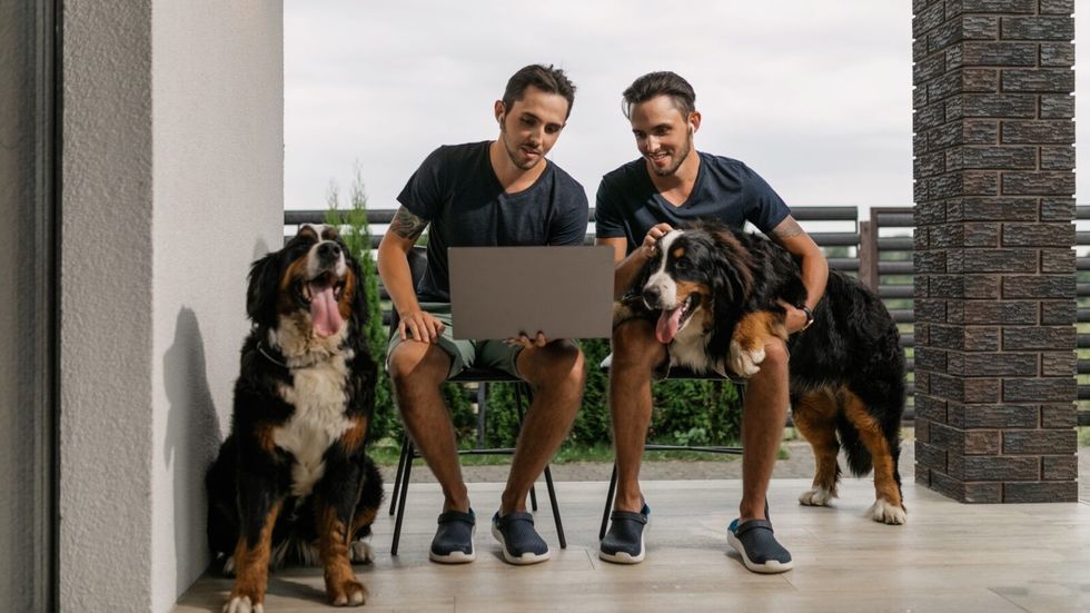 two men sitting with 2 dogs
