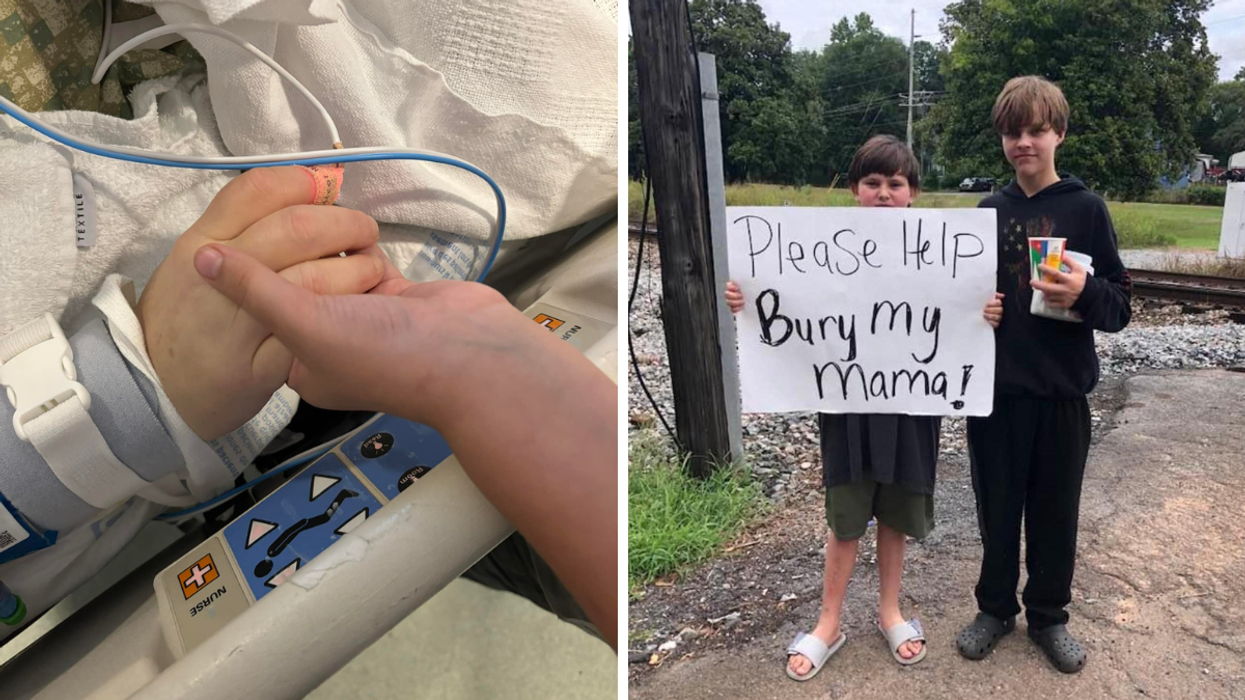 Two people holding hands in the hospital and two little boys holding a heartbreaking sign.