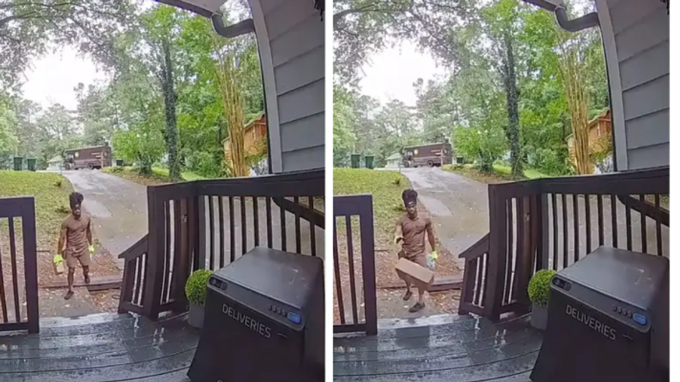 UPS driver throwing a package onto a porch