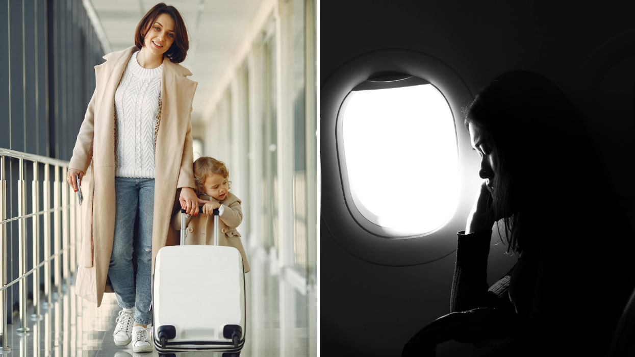 Woman and her daughter pulling a suitcase and a woman sitting next to a plane window.