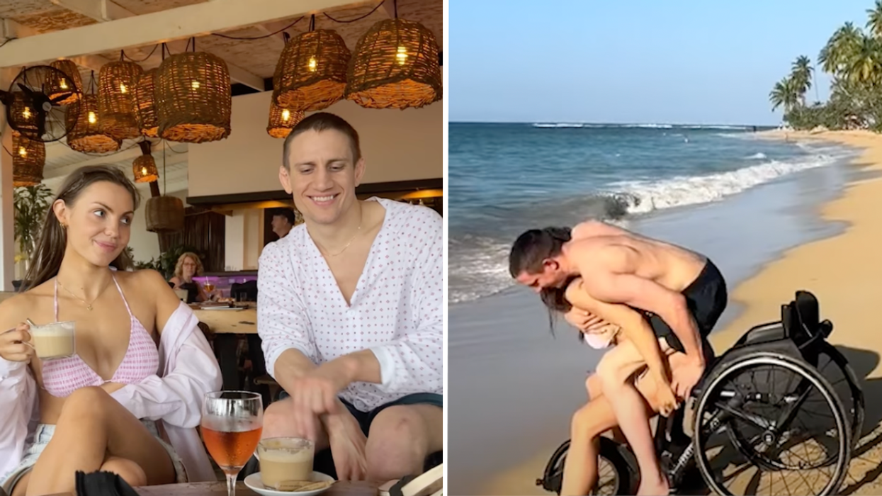 Woman and man at a restaurant and a woman carrying a man on her back at the beach.